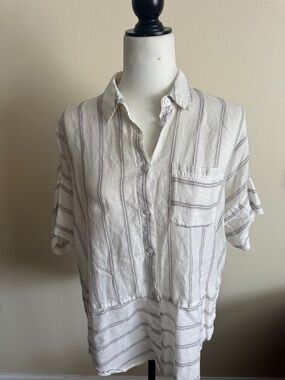 Athleta White Short-Sleeve Striped Button-Up
